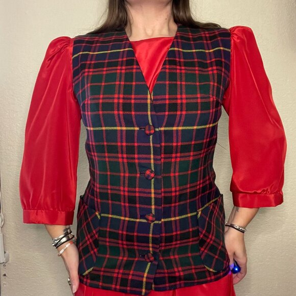 Vintage 70s Holiday Xmas Christmas Check Plaid Wool V Neck Vest | S/M - Picture 9 of 9